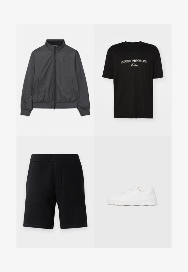 Šedá lehká bunda se zipem vpředu, vysokým límcem, elastickými manžetami a spodním lemem; má boční kapsy a minimalizované logo.; Černé bavlněné tričko s kulatým výstřihem, krátkými rukávy a logem "EMPORIO ARMANI" v bílém nad nápisem "Milano" v zakřiveném provedení.; Černé sportovní šortky vyrobené z měkkého materiálu; mají elastický pas, dvě boční kapsy a kontrastní prošívání.; Bílé tenisky s hladkým koženým svrškem, zaoblenou špičkou, šněrováním, texturovanými bočními akcenty a silnou gumovou podrážkou. Minimalistický design.