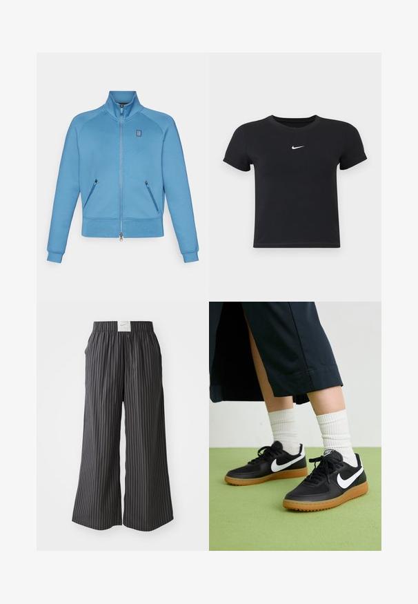 Mėlyna užtraukiama džemperis, pagamintas iš minkštos medžiagos, su aukštu apykakle, dviem šoninėmis kišenėmis ir susiraukšlėjusiomis rankogaliais bei apačia.; Juodas trumpas rankoves marškinėliai, pagaminti iš medvilnės, su apvaliu kaklu. Pasižymi balta Nike logotipu ant krūtinės, minimalistišku dizainu ir prigludusia forma.; Juodai ir pilkai dryžuotos plačios kelnės su elastine juosta ir Nike logotipo etikete gale. Lengvas audinys, laisvas dizainas.; Juodos odinės ir sintetinių medžiagų sportbačiai su balta Nike swoosh, guminis padas, apvalus pirštas ir juodi raišteliai. Matomos banguotos baltos kojinės.
