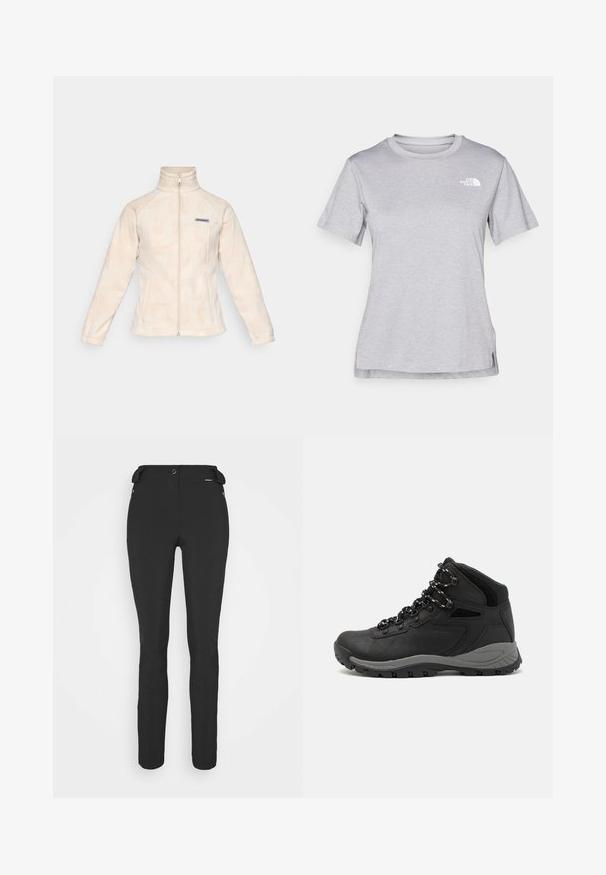 Light cream fleece jacket with a high collar and full front zipper. Features subtle wave pattern and a small logo on the left chest.; Grey short-sleeve t-shirt made of soft, moisture-wicking fabric. Features a crew neck and a small white logo on the upper left.; Black, fitted pants made from a flexible material. Features include a zippered side pocket, articulated knees, and a smooth texture.; Black hiking boot with a mid-top design, featuring a textured upper, gray accents, and durable rubber sole with traction lugs.