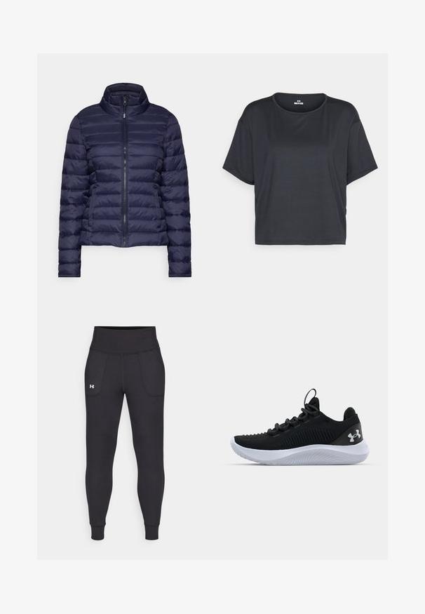 Navy puffer jacket with a high collar, horizontal quilted pattern, front zipper, and elastic cuffs; made of smooth, lightweight material.; Black short-sleeve cropped t-shirt, featuring a round neckline and soft, smooth fabric texture. No visible patterns or hardware.; Black athletic leggings made from stretchy material, featuring a high waistband, side pockets, and fitted cuffs at the ankle.; Black athletic shoes with a breathable mesh upper, textured detailing, and a white rubber sole. Features flat laces and a heel pull tab.