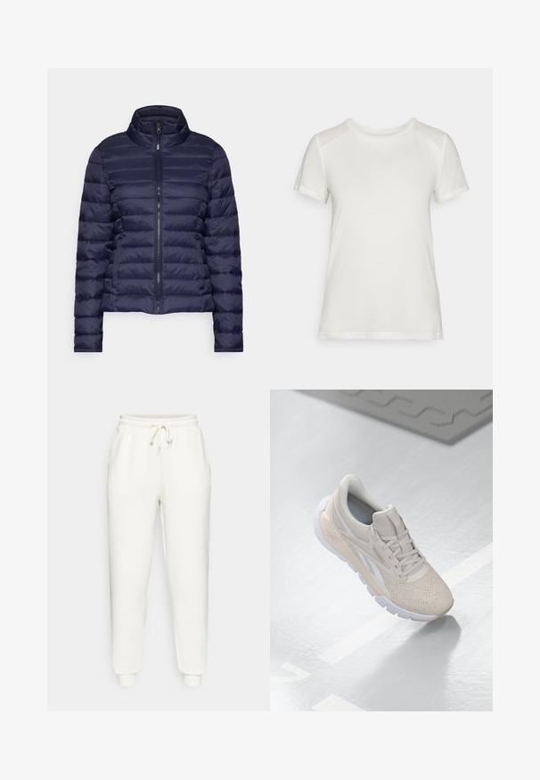 Tengerészkék puffermellény magas gallérral, vízszintes steppeléssel, elülső cipzárral és rugalmas mandzsettákkal; sima, könnyű anyagból készült.; Fehér, rövid ujjú póló puha anyagból, kerek nyakkivágással és laza szabással, sima, varrat nélküli vállrész kiemelésekkel.; Fehér, puha anyagból készült melegítőnadrág, mely rugalmas derékkal és húzózsinórral rendelkezik, oldalsó zsebekkel és szűkített szárakkal a bokánál.; Világos bézs színű sportcipő perforált felsőrésszel, texturált díszítéssel, párnázott nyakkal és fehér gumitalppal, amely a kényelem és a légáteresztő képesség érdekében készült.