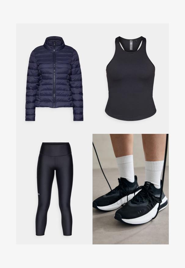 Jūras spēku pufers jacket ar augstu apkakli, horizontālu izšūtu rakstu, priekšpuses rāvējslēdzēju un elastīgām aprocēm; izgatavota no gluda, viegla materiāla.; ONLY Play ONPSANA SHORT - Tops - black; Melnas leggingas, izgatavotas no gluda, elastīga auduma. Augstās jostasvietas dizains ar ciešu piegādi un nelielu logotipu uz kreisās kājas.; Melni sporta apavi ar strukturētu audumu, balta zole un melni šņores. Valkāti ar baltām ribotām zeķēm, stāvot uz gaišas virsmas.