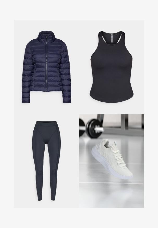 Jūras spēku pufers jacket ar augstu apkakli, horizontālu izšūtu rakstu, priekšpuses rāvējslēdzēju un elastīgām aprocēm; izgatavota no gluda, viegla materiāla.; ONLY Play ONPSANA SHORT - Tops - black; Augsta vidukļa melni legingi, izgatavoti no elastīga auduma, ar bezšuvju malām un pieguļošu dizainu komfortam un kustību brīvībai.; Baltas sporta apavi ar teksturētu sietu augšdaļu un sasiešanas sistēmu, ar mīkstu baltu zoli un smalkiem ribotiem akcentiem.
