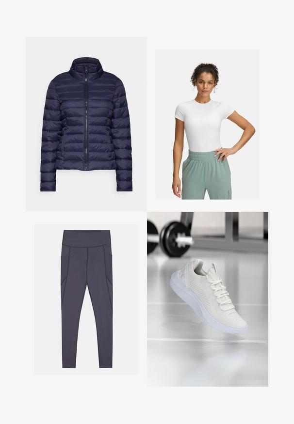 Giacca puffa blu navy con colletto alto, motivo a righe orizzontali, zip frontale e polsini elastici; realizzata in materiale morbido e leggero.; T-shirt bianca aderente con maniche corte, abbinata a pantaloni con elastico in vita di colore verde chiaro. Texture liscia, design minimalista e nessun motivo visibile.; Leggings grigio scuro con vita alta, dotati di tasche laterali e dettagli di cucitura strutturata. Realizzati in tessuto elastico e traspirante.; Sneaker atletico bianco con tomaia in rete testurizzata e sistema di allacciatura, caratterizzato da una suola bianca ammortizzata e sottili accenti rigati.