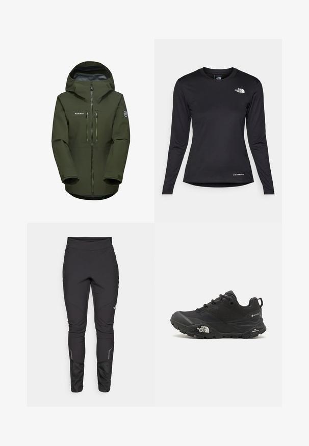 Giacca Mammut verde oliva con zip frontale impermeabile, due tasche sul petto, cappuccio regolabile e polsini testurizzati. Materiale resistente.; The North Face SHADOW LONG SLEEVE - Maglietta a manica lunga - black; Pantaloni neri outdoor caratterizzati da un design aderente, un tessuto resistente, dettagli riflettenti e cuciture a pannello per una maggiore mobilità e comfort.; Scarpa da trekking nera con una tomaia texturizzata, chiusura con lacci e una suola di gomma spessa che presenta un logo prominente sul lato e disegni del battistrada.