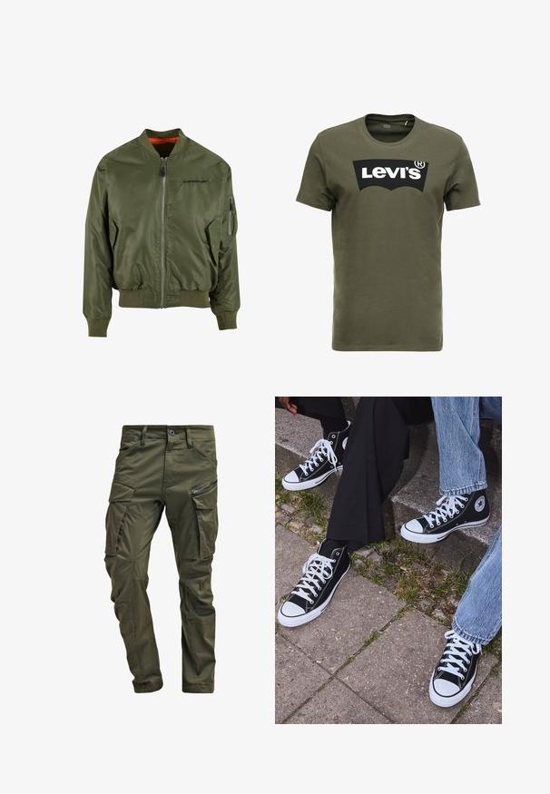 Olivgrüne Bomberjacke aus glänzendem Nylon mit gerippten Bündchen und Saum, vorne mit Reißverschluss und einer aufgenähten Tasche am Ärmel.; Olivegrünes Baumwoll-T-Shirt mit einem großen schwarzen Levi's-Logo auf der Vorderseite. Klassischer Rundhalsausschnitt und kurze Ärmel, glatte Textur.; Olivgrüne Cargo-Hosen aus strapazierfähiger Baumwolle. Sie verfügen über mehrere Taschen, eine mit Reißverschluss versehene Seitentasche und ein tapered Bein mit einer leicht strukturierten Oberflächenbeschaffenheit.; Schwarzecanvas-Sneaker mit hohem Schaft, weißen Gummisohlen und Schnürsenkeln, die ein rundes Logo an der Seite besitzen und mit Denim- sowie schwarzen Hosen kombiniert sind.