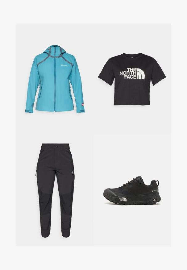Hele sinine veekindel jakk kapuutsiga, hallide aktsentidega, tõmblukkudega taskud ja tõmblukuga sulgemine. Valmistatud hingavast materjalist.; Must must kleidend t-särk, millel on valge logo ja kõverad aktsendid, esiküljel tekst "THE NORTH FACE". Lühikesed varrukad, ümar kaelus.; Must black välitingimustes püksid, mis on valmistatud vastupidavast kangast. Omavad lukugaTaskuid, tugevdatud põlvepaneele ja sirget lõiget liikuvuse tagamiseks.; Mustad matkajalanõud musta värvi, tekstuurse ülemise osa, paeltega kinnituse ja volüümika kummitald, millel on silmapaistev logo külgedel ja mustrimuster.