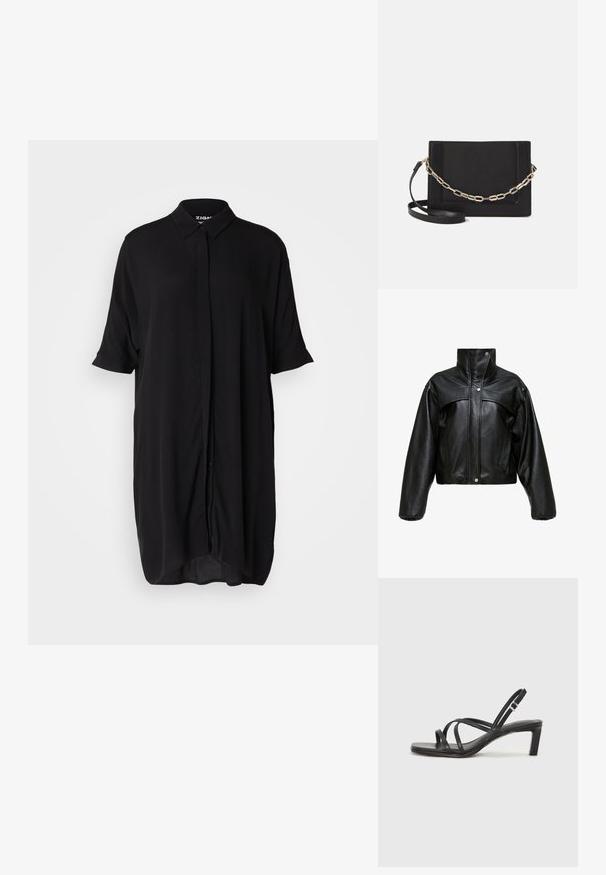 Sort læder cropped jakke med høj krave, der har en let tekstureret overflade, trykknapper og oversized, pufærmer.; Sort, kortærmet skjortekjole lavet af et letvægtsstof. Har en krave, knaplukning foran og en løs, forlænget silhuet.; Sort remsandale med firkantet tå og en lav blokeret hæl. Har flere tynde stropper og en justerbar ankelrem. Fremstillet af glat læder.; Sort læder crossbody taske med en glat tekstur, rektangulær form og en metallisk kæde detalje foran. Justerbar skulderrem inkluderet.