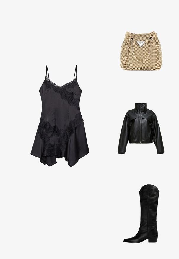 Schwarze Leder-Cropped-Jacke mit hohem Kragen, die eine leicht strukturierte Oberfläche, Druckknöpfe und übergroße, puffige Ärmel aufweist.; Schwarzes Satin-Nachthemd mit Spitzenrand, verstellbaren Spaghetti-Trägern und ausgestelltem Saum, weicher Textur und dekorativen Rüschendetails.; Schwarze Leder-Cowboy-Stiefel mit spitzer Zehe, mittelhohem Absatz und dekorativen Nähten am Schaft. Glatte Textur und elegantes Design.; Die goldene Handtasche verfügt über einen strukturierten Stoff mit runden, metallischen Nieten, einem dreieckigen Logoschild und einem Kettenriemen mit runden Metallösen.