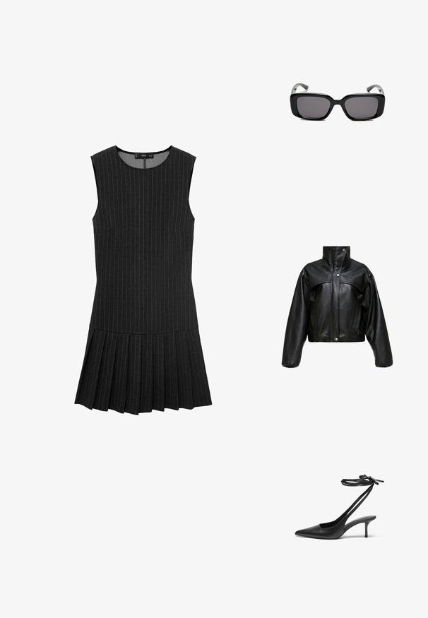 Schwarze Leder-Cropped-Jacke mit hohem Kragen, die eine leicht strukturierte Oberfläche, Druckknöpfe und übergroße, puffige Ärmel aufweist.; Schwarzes ärmelloses Kleid mit vertikalen Streifen, einem taillierten Oberteil und einem plissierten Rock. Der Stoff ist glatt mit einer leicht strukturierten Haptik.; Schwarzer Leder-Stiletto mit spitzem Zehenbereich, offenem Fersenbereich und mit einer Schleife gebundenen Knöchelriemen. Schlanker 3-Zoll-Absatz. Glatte Textur, minimalistisches Design.; Schwarze rechteckige Sonnenbrille mit dunklen Gläsern, glattem Kunststoffrahmen und gebogenen Bügeln. Das Design ist klobig mit einer minimalistischen Ästhetik.; Schwarze Leder-Crossbody-Tasche mit glatter Textur, rechteckiger Form und metallic-kettendetail auf der Vorderseite. Verstellbarer Gurt inklusive.