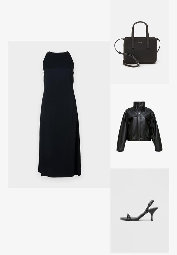 Musta nahkakuori takki korkean kaulan kanssa, jossa on hiukan teksturoitu pinta, napit ja ylisuuria, pörröisiä hihoja.; Musta ilmanhiha dressi, jossa on pyöreä pääntie ja sivuruoska. Valmistettu sileästä kankaasta, jossa on löysä istuvuus ja minimalistikko suunnittelu.; Mustat nahkaiset korkokengät, joissa on hoikka, kaareva korko ja ristiin menevä hihnadesign. Säädettävä nilkkahihna. Silkkinen pinta.; Musta käsilaukku, jossa on kaksinkertaiset lyhyet kahvat ja irrotettava olkahihna. Silkkinen nahkatunneinen materiaali, jossa on vetoketjukiinnitys ja logoyksityiskohta.