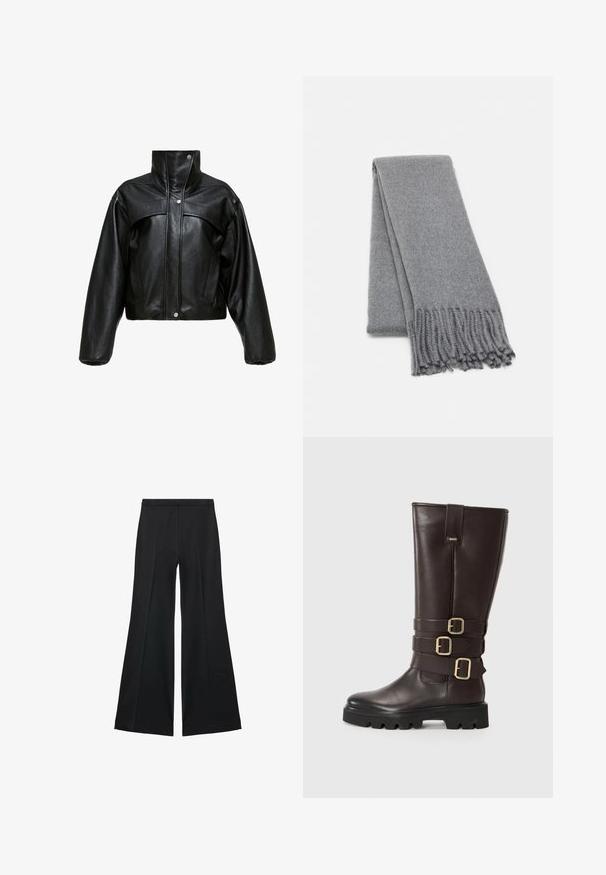 Sort læder cropped jakke med høj krave, der har en let tekstureret overflade, trykknapper og oversized, pufærmer.; Sort turtleneck trøje med hvide vandrette striber, løs pasform, ribbet tekstur ved krave og ærmer, cropped design, blødt stof.; Sorte brede bukser med en glat tekstur, der har fremadrettede folder og en skræddersyet design. Stofferne er lette og flerdimensionelle.; Brune læderknæstøvler med tre dekorative spænder, en tekstureret overflade og en rå sort sål. Strømlinet, tætsiddende design med minimale detaljer.; Grå uldlue med en blød tekstur, med frynser i kanterne og et simpelt design. Foldet pænt, der viser dens aflange form.