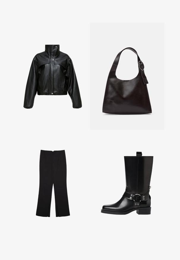 Crna kožna skraćena jakna s visokim ovratnikom, s blago teksturiranom površinom, dugmadi na druker te velikim, napuhanim rukavima.; Crna pletena dugoslojna majica sa podloženim ramenima i rebrastim manžetama i rubom, prikazana na bijeloj pozadini.; Crne hlače ravnog kroja, s prednjim džepovima i bočnim prorezima na rubu. Izrađene od mekog i glatkog materijala. Pogodne za razne prigode.; Crne kožne čizmice do koljena s šiljastim prstima, sličnim srebrnim kopčama i debelim potplatima. Imaju rupicu za lakše oblačenje.; Smeđa kožna torba preko ramena s glatkom teksturom, zaobljenim oblikom, širokim remenom i kružnim metalnim akcentom na ručki.