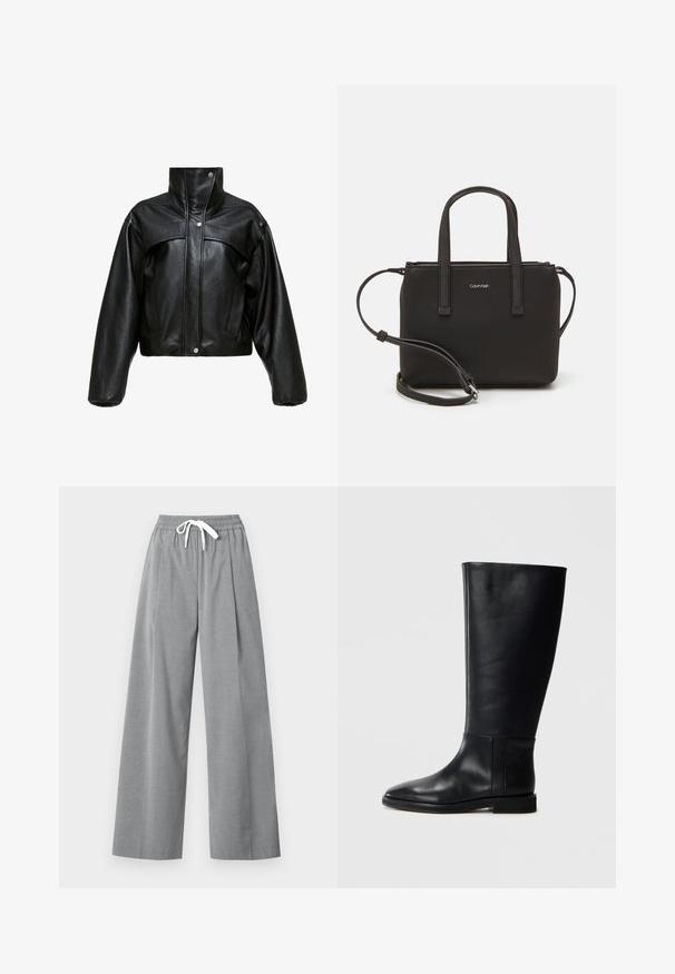 Mustast nahkest lühike jakk kõrge kraega, millel on veidi tekstuuriga pind, nööbist kinnituvad nööbid ja üle mõõtmete, puhuvad varrukad.; Must musta t-särk lühikeste käistega, ümberringi kaelusega ja väikese valge "Calvin Klein" logo'ga rinnal. Sile tekstuur, klassikaline lõige.; Hallid graažid laiad püksid, mis on valmistatud kergest kangast, plekitud esiosa ja elastse vöökohtaga, millel on valge pael.; Mustadast mustad nahast põlve kõrgus kingad, ümarate varvastega, siledast tekstuurist, minimalistlikus disainis ja lame tallaga. Lihtsad õmbluse detailid varrel.; Musthave mustrans vöö ja eemaldatav õlarihm. Gludike nahk siledaga, millel on tõmblukk ja logo detail.