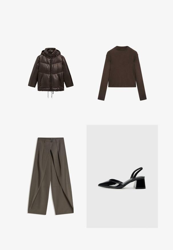 Zwarte pufferjas met capuchon, voorzien van een ritssluiting aan de voorkant, elastische koordjes aan de onderrand en contrasterende matte afwerkingspanelen.; Donkerbruine trui met lange mouwen, ronde hals, iets cropped pasvorm en een eenvoudig, naadloos ontwerp.; Wijdvallende broek gemaakt van een gestructureerde, donkergrijze stof. Heeft een voorplooien, een knopenluiting en zijzakken voor praktische doeleinden.; Zwarte gepatineerde leren slingback hakken met een spitse neus en een geometrische blokhak. Kenmerkt zich door een slank, minimalistisch ontwerp en een gladde textuur.