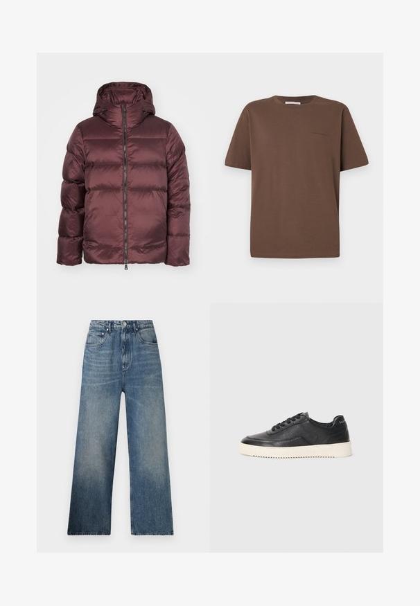 Doudoune bordeaux avec capuche, dotée de sections cousues horizontalement, d'une fermeture éclair à l'avant et de poches latérales. Texture de tissu lisse et brillante.; T-shirt en coton marron avec un col rond, des manches courtes et un petit logo imprimé sur le devant. Texture de tissu lisse, coupe décontractée.; Jean large en denim bleu à taille haute, avec une légère décoloration, cinq poches et une fermeture à bouton en métal à l'avant.; Baskets en cuir noir avec finition texturée, bout rond et semelle plate en caoutchouc blanc. Présentent des lacets noirs et un logo sur le talon.