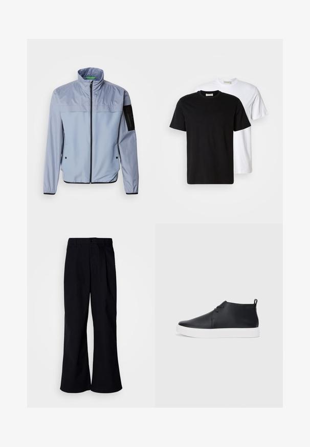 Gaiši zila, garām piedurknēm jakas ar augstu apkakli, ar rāvējslēdzēja priekšpusi un melniem akcentiem. Iespējas ir kabata kreisajā piedurknē un elastīgas aproces.; Divas vienkāršas kokvilnas T-kreklus, viens melns novietots priekšā baltam, abiem īsām piedurknēm un apaļām izgriezēm.; Melnas platās bikses, kas izgatavotas no kokvilnas, ar priekšējo krokumu, ar pogu aizdari un jostas cilpām, gluda tekstūra un bez redzamām rakstām.; Melnas ādas augstas tenisa kurpes ar gludu apdari, baltu gumijas zoli un vienkāršu šņorēšanas dizainu. Aizmugurē ir vilkšanas cilpa.