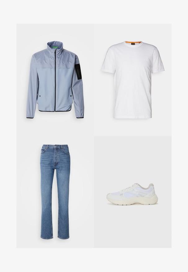 Svjetloplavi, dugi kaput s dugim rukavima i visokim ovratnikom, sa zatvaračem sprijeda i crnim detaljima. Ima džep na lijevom rukavu i elastične manžete.; Bela bombažna majica s kratkimi rokavi in okroglim izrezom, z diskretnim reliefnim logotipom na prsih. Notranja oznaka ima oranžni akcent.; Modre kavbojke z visokim pasom, ravno krojenjem in rahlim bledenjem. Imajo klasičen pet-pocket stil in zapiranje na zadrgo.; Bela športna obuvala iz mrežastega in semiš materiala, z teksturiranim podplatom, teksturiranimi dodatki in logotipom "HUGO" na strani.
