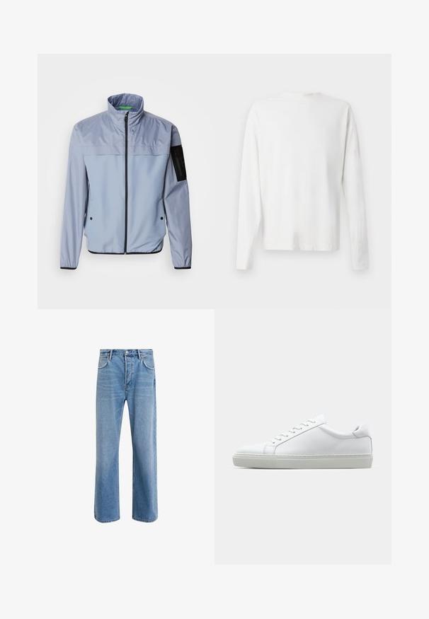 Lysblå, langærmet jakke med høj krave, lynlås foran og sorte accenter. Har en lomme på venstre ærme og elastiske manchetter.; Langærmet hvid bomulds skjorte med rund halsudskæring, sideslids i bunden og en glat overflade, vist bagfra.; Lyseblå denim jeans med lige ben-design, fem lommer, knaplukning, minimal falming og kontraststingdetaljer.; Hvide sneakers med en glat læderoverdel og lav profil. Har en rund tå, seks snørehuller og en tekstureret gummisål.