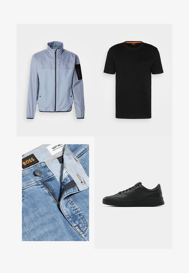 Light blue, long-sleeve jacket with a high collar, zip front, and black accents. Features a pocket on the left sleeve and elastic cuffs.; Black short-sleeve t-shirt made of soft fabric, featuring a round neckline and a subtle logo on the front. Inside collar has orange accent.; Light blue denim jeans with a zipper fly, orange stitching, and a black label featuring "BOSS" and "SOFT MOTION" tags.; Black sneaker with smooth leather upper, round toe, flat laces, cushioned collar, and minimalistic design. Rubber sole with subtle tread pattern.