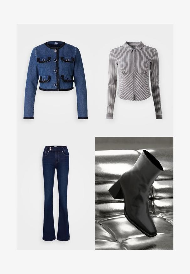 Kroppad denimjacka i mörkblått med svarta detaljer, med fyra framfickor, guldfärgad hårdvara och rund halsringning.; Harmaa pitkähihaisessa paidassa on pystysuorat valkoiset raidat, kauluskohdistus ja vetoketjukiinnitys. Paidassa on muotoiltu malli ja kaareva helma.; Tummansinisiä leveälahkeisia farkkuja, joissa on korkea vyötärö, kaksi etutaskua ja kaksi napinläpeä. Valmistettu sileästä denimsistä.; Musta nilkkuri, joka on valmistettu kiiltävästä materiaalista, jossa on neliömäinen kärki ja kapeahko kanta, asetettuna kiiltävän hopean tuftatun taustan eteen.