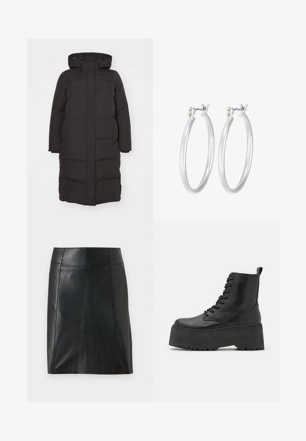 Mustaa puhvelitakkia, jossa on huppu, tikattu kuosi, edessä vetoketjun suljenta ja sivutaskut; suunniteltu lämpöä ja mukavuutta varten.; Valkoinen poimutettu hihaton toppi, jossa on pyöreä kaula-aukko, suora helma ja sileä, joustava materiaali.; Musta nahkahame, jossa on mukautuva muotoilu. Silkkinen pinta, saumat korostamassa muotoa ja suora helma. Minimalistinen ja tyylikäs ulkoasu.; Mustat nilkkurit paksulla pohjalla, valmistettu sileästä nahasta, jossa on nauhakiinnitys ja vetotuki takana.; Hope-silver rengas, joissa on sileä ja kiillotettu pinta. Pyöreä muoto ja turvallinen napsautettava lukitus. Kevyt muotoilu sopii päivittäiseen käyttöön.