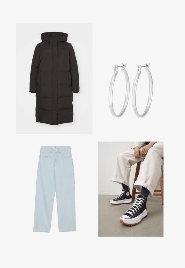 Black puffer coat with a hood, featuring a quilted pattern, front zipper closure, and side pockets; designed for warmth and comfort.; White ribbed tank top with a round neckline and sleeveless design, featuring a straight hem and a smooth, stretchy texture.; Light blue wide-leg jeans made of denim, featuring a mid-rise waist, five pockets, and a button closure with a slim metal accent.; High-top black sneakers with white laces and rubber toe cap. Thick white sole with a textured brown outsole, worn with navy striped socks.; Silver hoop earrings with a smooth, polished finish. Round shape and secure click-top closure. Lightweight design suitable for everyday wear.
