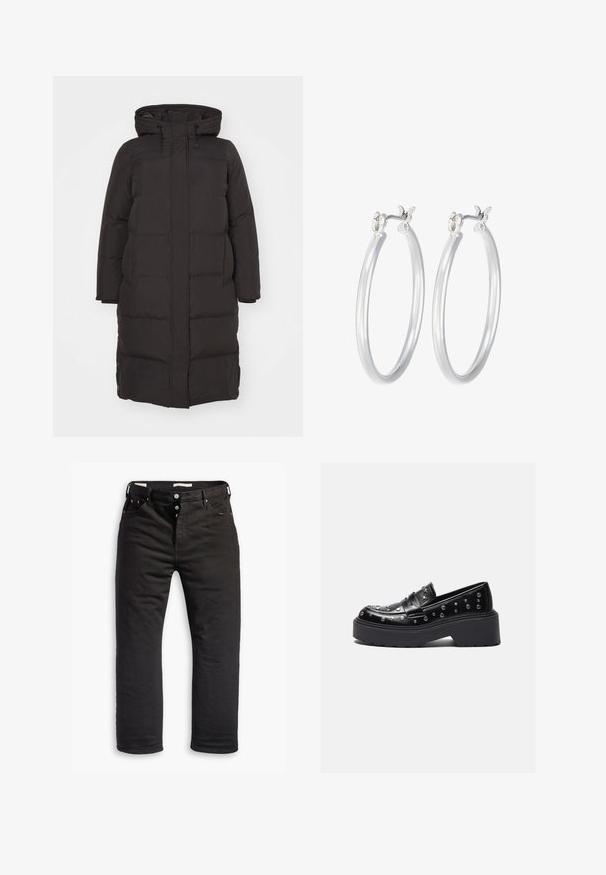 Črna puhovka s kapuco, z nagubanimi vzorci, sprednjim zadrgo in stranskimi žepi; zasnovana za toploto in udobje.; Bela rebrasta majica brez rokavov z okroglo izrezom, s pravo hem in gladko, elastično strukturo.; Črne kavbojke iz denima s ravnim krojem, ki vključujejo zapiranje na gumb, pet žepov in diskretne šive. Gladka tekstura.; Črne usnjene mokasine s srebrnimi žebljički, ki imajo masiven platformski podplat in širok pas čez vamp. Gladka tekstura, zaobljena oblika.; Srebrni obroči za ušesa z gladko, polirano površino. Okrogla oblika in varna zaponka s klikom. Lahka zasnova, primerna za vsakodnevno nošenje.