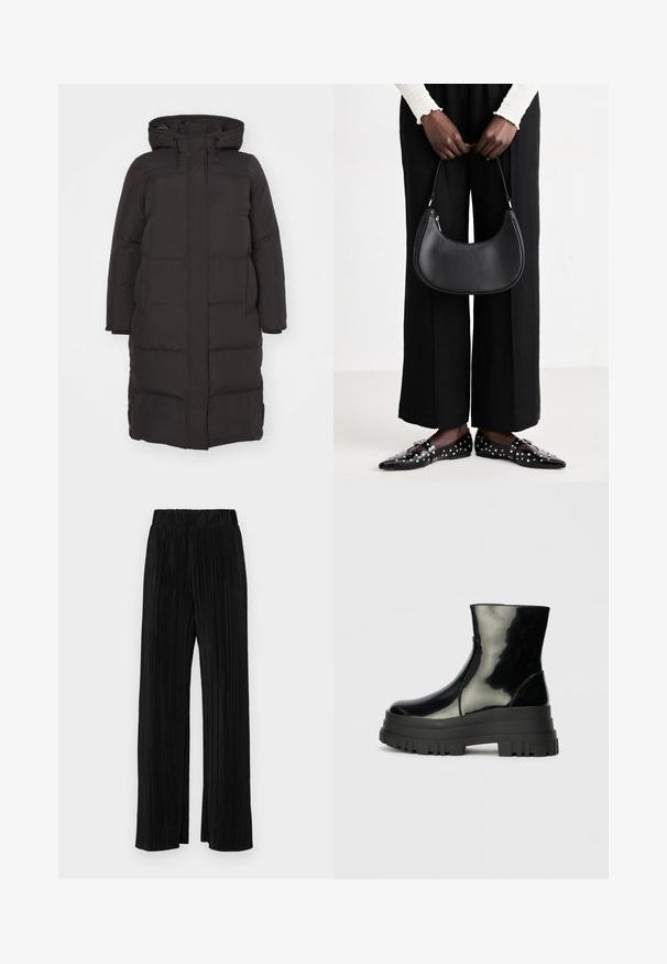 Giacca a vento nera con cappuccio, caratterizzata da un motivo trapuntato, chiusura frontale con zip e tasche laterali; progettata per offrire calore e comfort.; T-shirt nera a maniche corte con scollatura rotonda, realizzata in morbido cotone. Design semplice, senza loghi o motivi visibili.; Pantaloni neri a plissé con vita elasticizzata. Presentano gamba ampia e un tessuto liscio e texture con strisce verticali.; Stivale nero lucido alla caviglia con suola spessa e tonda, vista laterale su sfondo grigio chiaro uniforme.; Borsa a spalla in pelle nera con forma arrotondata, finitura lucida e accessori in argento. Persona che indossa pantaloni ampi neri e mocassini con borchie.