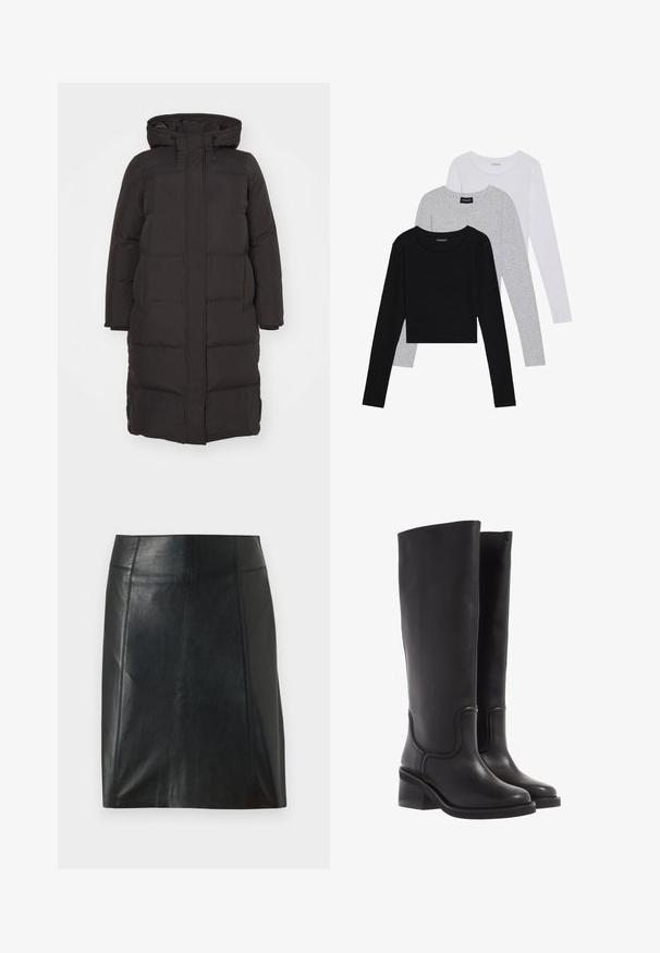 Svart boblejakke med hette, med et quiltet mønster, frontglidelås og sidelommer; designet for varme og komfort.; Tre lange ermer t-skjorter stablet: svart, grå og hvit. Hver har en rund hals og et kort design med glatt, lett stoff.; Svart lærskjørt med en tettsittende design. Jevn tekstur, sømmer som fremhever formen, og en rett kant. Minimalistisk og elegant utseende.; Sorte lærstøvler til knærne med en glatt tekstur, rund tå, og en kraftig hæl. Har subtile sømmer og et strømlinjeformet design.