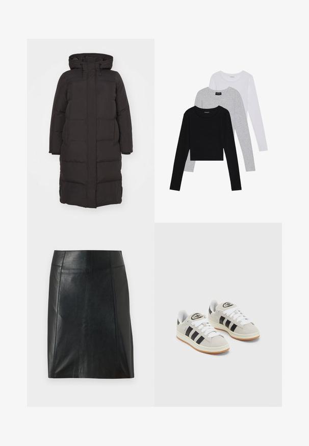 Svart boblejakke med hette, med et quiltet mønster, frontglidelås og sidelommer; designet for varme og komfort.; Tre lange ermer t-skjorter stablet: svart, grå og hvit. Hver har en rund hals og et kort design med glatt, lett stoff.; Svart lærskjørt med en tettsittende design. Jevn tekstur, sømmer som fremhever formen, og en rett kant. Minimalistisk og elegant utseende.; Grå semsket sneakers med hvite lisser, svarte striper og en hvit gummisåle. Har en sirkulær logo på tungen og en gummisåle.