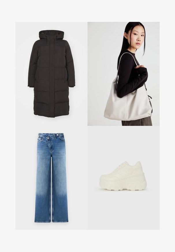 Giacca a vento nera con cappuccio, caratterizzata da un motivo trapuntato, chiusura frontale con zip e tasche laterali; progettata per offrire calore e comfort.; T-shirt in bianco e nero, girocollo, maniche corte. La maglietta nera presenta un ricamo di sole giallo; quella bianca ha un accento di luna crescente viola.; Jeans azzurri a gamba larga con un lavaggio sbiadito, dotati di un classico design a cinque tasche e dettagli in metallo sui bottoni in vita.; Sneakers bianchi con piattaforma, caratterizzati da una parte superiore simile alla pelle liscia, forma arrotondata, collo imbottito e suola in gomma testurizzata con scanalature ben definite.; Borsa a mano beige realizzata in materiale morbido, caratterizzata da un design morbido, dettagli cuciti e due manici. Adatta per l'uso quotidiano.