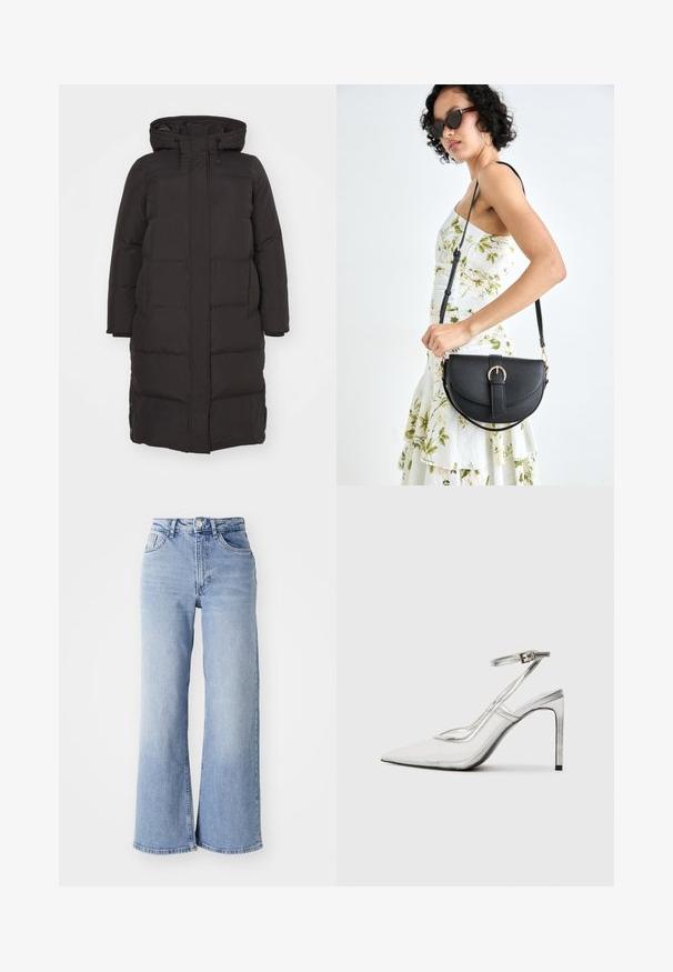 Schwarze Daunenjacke mit Kapuze, ausgestattet mit einem gesteppten Muster, vorderer Reißverschluss und Seitentaschen; konzipiert für Wärme und Komfort.; Langärmliges Oberteil in hellem Beige mit einem blauen Farbverlauf. Weiche Textur mit Rundhalsausschnitt und geradem Saum.; Himmelblaue hochtaillierte Schlagjeans mit vorderen und hinteren Taschen, Knopfverschluss und dezentem Verblassen an den Oberschenkeln und Säumen.; Klarer Stiletto-Absatzschuh mit spitzer Zehe, transparentem Material, metallisch silbernen Akzenten und verstellbarem Knöchelriemen.; Schwarze Lederhandtasche mit geschwungener Form, abnehmbarem Tragegurt und goldenen Beschlägen. Die Tasche verfügt über einen Deckel mit einer Schnallen-Details.
