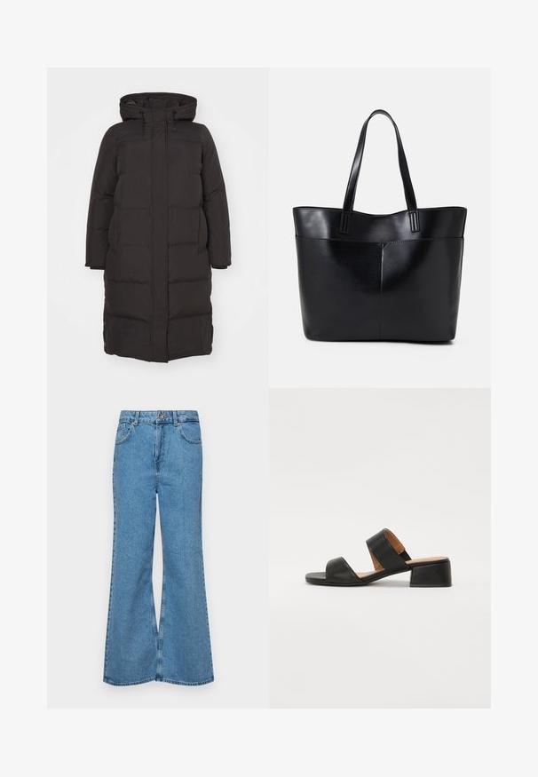 Zwarte pufferjas met capuchon, voorzien van een gewatteerd patroon, ritssluiting aan de voorkant en zijzakken; ontworpen voor warmte en comfort.; Korte mouwen T-shirt in bruin, gemaakt van een zachte stof, met een ronde halslijn en een relaxte pasvorm. Geen zichtbare patronen of accenten.; Lichtblauwe flared jeans van denim, met een hoge taille, vijf zakken en een enkele knoopsluiting. Zachte textuur met een vervaagde afwerking.; Zwarte leren sandaal met twee brede banden over de voet, een vierkante neus en een lage blokhak. Glad textuur en minimaal ontwerp.; Zwarte leren tote bag met twee lange handvatten, een zachte textuur en een gestructureerde vorm. Voorzien van een voorvak voor extra opslagruimte.