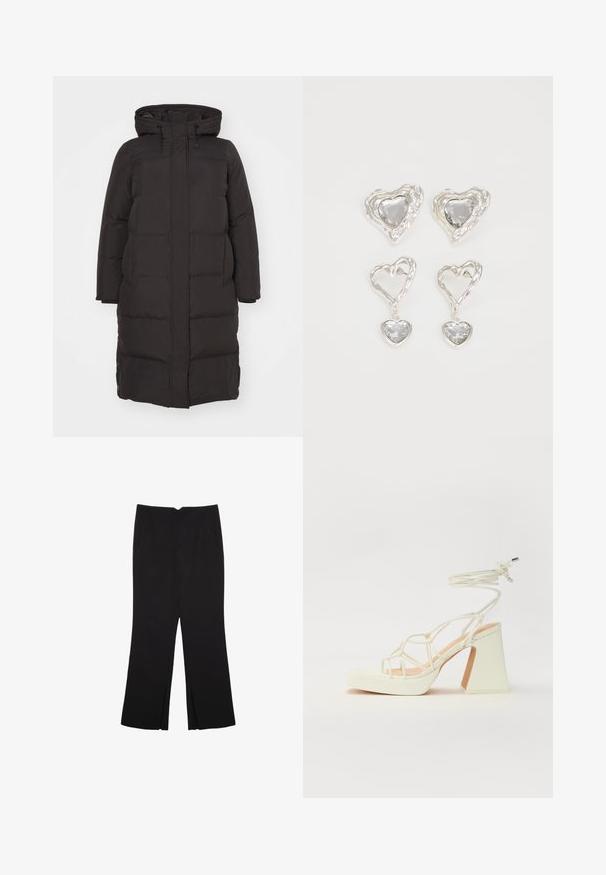 Schwarze Daunenjacke mit Kapuze, ausgestattet mit einem gesteppten Muster, vorderer Reißverschluss und Seitentaschen; konzipiert für Wärme und Komfort.; Schwarzes Tanktop aus Baumwolle mit rundem Halsausschnitt und weiten Armöffnungen. Glatte Textur mit genähten Säumen. Klassisches, minimalistisches Design.; Schwarze Hose mit geradem Schnitt, ausgestattet mit Fronttaschen und Seitenschlitzen am Saum. Hergestellt aus weichem, glattem Stoff. Geeignet für verschiedene Anlässe.; Weiße High-Heel-Sandale mit einem klobigen Absatz, die über ein Riemchendesign und ein Knöchelband verfügt. Glatte Textur mit einer Plattform vorne für zusätzliche Höhe.; Silberne herzförmige Ohrringe mit facettierten klaren Steinen und einem strukturierten Rahmen. Das Set umfasst Stecker- und Anhänger-Stile.