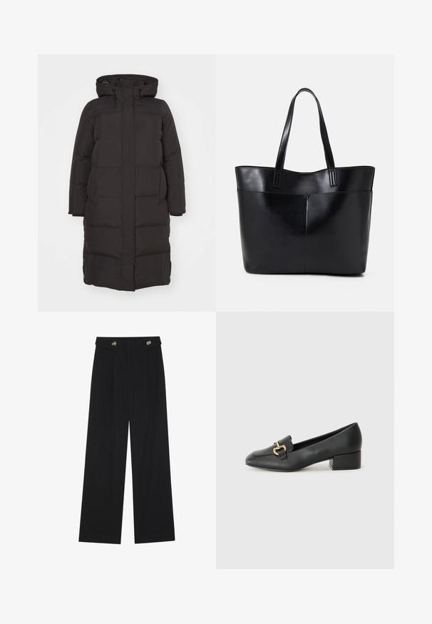 Černá prošívaná bunda s kapucí, která má prošívaný vzor, přední zip a boční kapsy; navržena pro teplo a pohodlí.; Černý top s krátkými, průhlednými volánovými rukávy, kulatým výstřihem a jemným, hladkým materiálem. Jednoduchý design bez dalších vzorů nebo akcentů.; Černé široké kalhoty s vysokým pasem, detailní knoflíky na pase a přední záhyby.; Černé kožené loferské boty s plochým podpatkem, zdobené zlatým kovovým detailem na přední straně a hladkým povrchem.; Černá kožená taška s dlouhými ušima, hladkým povrchem a strukturovaným tvarem. Obsahuje přední kapsu pro další úložný prostor.