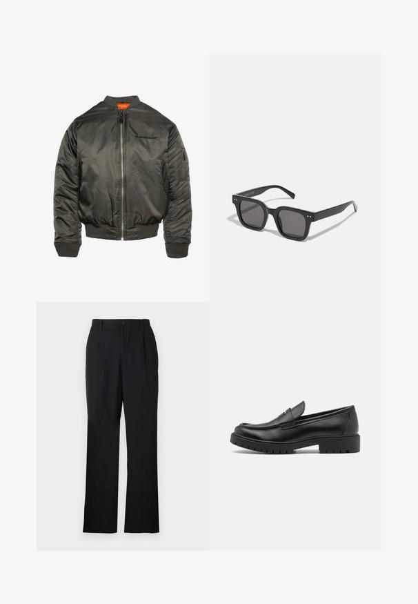 Jachetă bomber de culoare verde oliu închis, fabricată din nailon lucios. Dispune de fermoar în față, manșete și tiv cu nervuri și căptușeală portocalie. Logo pe piept.; Pulover negru din tricot, cu guler rotund, mâneci lungi și detalii ribb la guler și la margine. Textură moale, potrivire casuală.; Only & Sons ONSJEREMY LOOSE PANT - Pantaloni - black; Mocasini din piele neagră cu vârf rotund, design slip-on și talpă groasă din cauciuc cu un grip texturat. Toc înălțat și detalii subtile de cusătură.; Ochelari de soare negri, de formă rectangulară, cu lentile închise, având un cadru gros, accente subtile pe margini și fără logo-uri vizibile în afară de numele brandului.; Ceas de mână cu quartz Casio, cu un cadran negru, curea din oțel inoxidabil argintiu, numerale mari albe și roșii, și caracteristică de rezistență la apă de până la 200m.