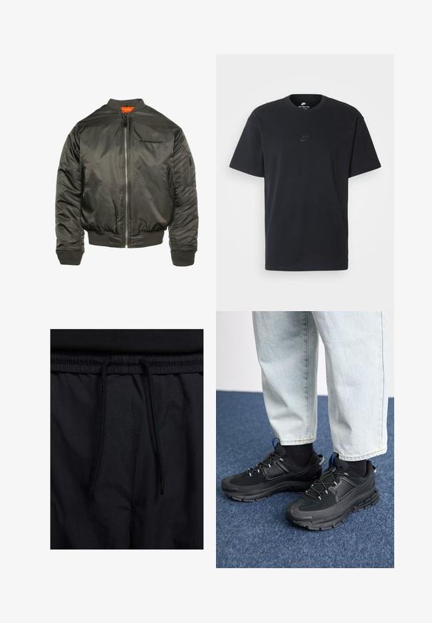 Bomberjacke in dunkelolivgrün, aus glänzendem Nylon. Mit Reißverschluss vorne, gerippten Bündchen und Saum sowie einem orangefarbenen Futter. Logo auf der Brust.; Schwarzes Baumwoll-T-Shirt von Nike mit klassischem Rundhalsausschnitt, kurzen Ärmeln und einem dezenten, geprägten Logo auf der Brust. Glatte Textur.; Schwarze Shorts mit einem Kordelzugbund, leichtem Stoff mit glatter Textur und einem schlichten Design ohne sichtbare Logos oder Muster.; Schwarze Sportschuhe aus strukturiertem Stoff mit Gummisohlen, ausgestattet mit elastischen Schnürsenkeln und einem blauen Akzent an der Ferse. Getragen mit hellen Jeans.