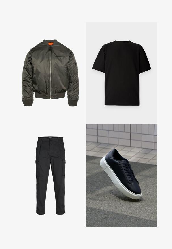 Chaqueta bomber en verde oliva oscuro, hecha de nylon brillante. Presenta un cierre con cremallera en la parte delantera, puños y dobladillo acanalados, y forro naranja. Logo en el pecho.; Camiseta negra de manga corta hecha de tela acanalada. Presenta un cuello redondo y un corte relajado con una textura suave. Vista trasera únicamente.; Pantalones cargo negros hechos de tela resistente, que cuentan con múltiples bolsillos, un cierre de botón y un diseño de corte slim con piernas ajustadas.; Zapatilla de cuero negro con punta redonda y suela de goma blanca. Presenta cordones planos y un mínimo de costuras en la parte superior. Suela texturizada para proporcionar agarre.