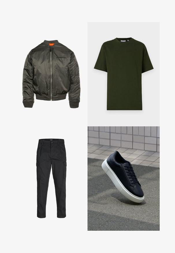 Bomber bunda v tmavej olivovej farbe, vyrobená z lesklého nylonu. Má zips vpredu, rebrované manžety a spodný lem a oranžovú podšívku. Logo na hrudi.; Tmavozelené tričko s krátkymi rukávmi vyrobené z bavlny. Okrúhly výstrih, voľný strih a hladký povrch bez viditeľných vzorov alebo akcentov.; Čierne cargo nohavice z odolnej látky, s viacerými vreckami, gombíkovým zapínaním a úzkym strihom so zúženými nohavicami.; Čierne kožené tenisky s okrúhlou špičkou a bielou gumovou podrážkou. Majú ploché šnúrky a minimálne šitie na vrchu. Textúrovaná podrážka pre lepšiu priľnavosť.