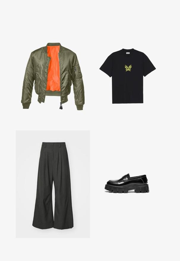 Maslinasto zeleni bomber jakna s patentnim zatvaračem, rebrastim rukavima i narančastom oblogom. Ima bočnu džep s patentnim zatvaračem i glatku satensku teksturu.; Crna pamučna majica s grafikom leptira u malom žutom plamenu na prsima. Okrugli izrez, kratki rukavi.; Jaded London GOLIATH TROUSER UNISEX - Hlače - grey; Crne kožne mokasine s debelim gumiranim potplatom, dekorativnom trakom preko gornjeg dijela i kontrastnim bijelim šavovima. Glatka tekstura s zaobljenim prstima.