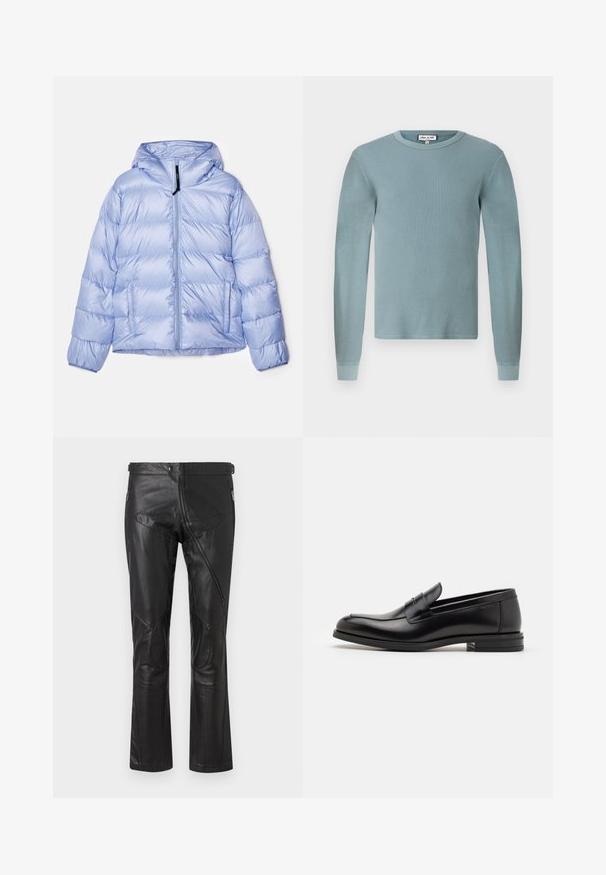 ASPESI BUDD - Sulejope - azzurro/sky blue; Helesinise sinine pika varrukaga särk, millel on ribakujundus ja ümmargune kaelus. Omab kinnitatud mansette ja lihtsat brändi silt kaeluses.; Mustad nahast püksid sirge lõikega, varustatud lukuga taskute, põlveteipide ja reguleeritava talje detailidega. Sile tekstuur.; Mustad mustad nahast loafers sileda tekstuuriga, ümarat ninaosa ja dekoratiivne riba vampi üle. Madal kihiline konts, minimalistlik disain.