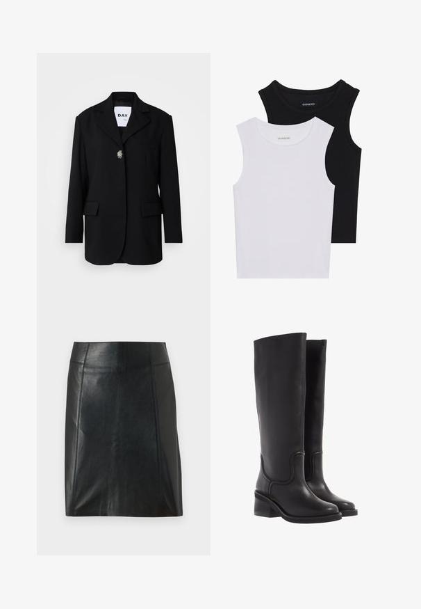 Fekete blézer, kerekített hajtókával, két elülső zsebbel és egy gombos záródással, díszes kitűzővel. Sima textúrájú anyag.; Két ujjatlan felső fekete és fehér színben, bordás pamutból készült, kerek nyakkivágással és testhez simuló fazonnal. Mindkettőn látható címke.; Fekete bőr szoknya testhezálló szabással. Sima textúra, varratok, amelyek körvonalazzák a formát, és egyenes szegély. Minimalista és karcsú megjelenés.; Fekete bőr, térdfelett érő csizmák sima textúrával, kerek orral és vastag sarokkal. Finom varrásokkal és letisztult dizájnnal rendelkezik.