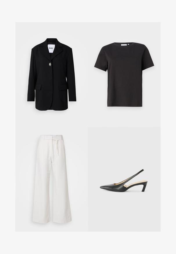 Juodas švarkas su įpjovimais, dviem priekinėmis kišenėmis ir vienu mygtuko uždarymu, kuriame yra dekoratyvinis segtukas. Lygi audinio tekstūra.; Juodas medvilninis marškinėliai su trumpomis rankovėmis, apvaliu kaklu ir paprastu, švariu dizainu. Nėra matomų raštų ar puošmenų.; DAY Birger et Mikkelsen TERRI SOLID - Kelnės - cloud cream; Juodas smailus slingback batelis su žemu kulnu, pagamintas iš lygaus odos paviršiaus ir su išpjovomis šone, užtikrinančiomis oro pralaidumą.