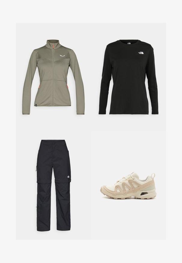 Lys olivengrønn dames zip-up jakke med lange ermer, høy krage, to glidelåslommer og liten hvit logo på brystet.; Svart langermet T-skjorte laget av bomull med rund hals. Har en liten hvit logo på venstre brystområde. Enkelt design og passform.; Svarte nylon cargo-bukser med glidelås og justerbare mansjetter, flere lommer og en logo på høyre bein. Glatt, lett tekstur.; Beige og krem joggesko med teksturert mesh-overdel, støttende overlegg og gummisåle med et mønster for godt grep.