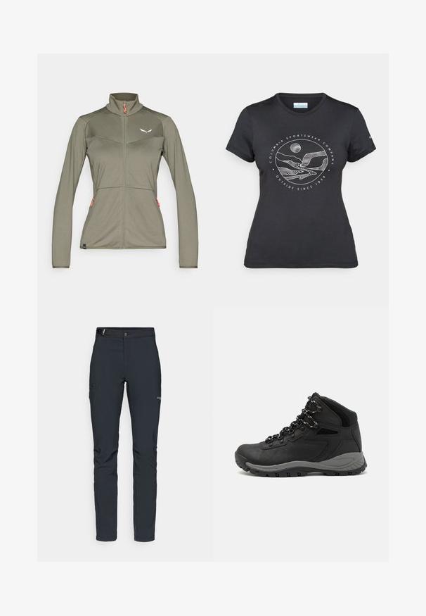 Világos olívazöld női zipzáras dzseki hosszú ujjakkal, magas gallérral, két cipzáras zsebbel és kis fehér logóval a mellrészen.; Fekete Columbia póló fehér, kör alakú hegy és folyó vonalrajzzal, valamint a "Columbia Sportswear Company Outside Since 1938" felirattal.; Férfi kültéri nadrág, sötétszürke, rugalmas anyagból készült, övvel, cipzáros zsebekkel és megerősített varratokkal.; Fekete túracipő közepes magasságú kialakítással, texturált felsőrésszel, szürke részletekkel és strapabíró gumitalppal, amelynek tapadós kiemelkedései vannak.