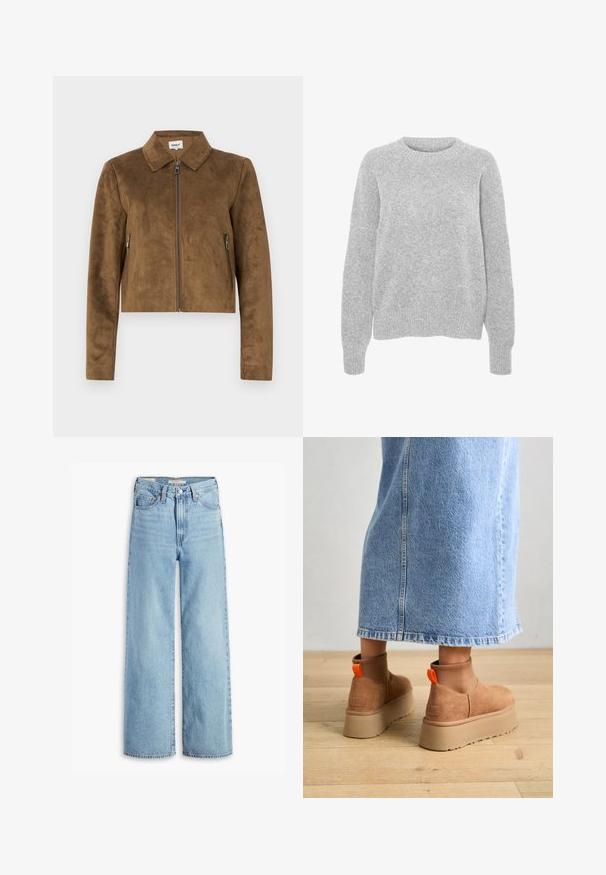 Hnědá semišová zkrácená bunda s límečkem, předním zipem a bočními zipovými kapsami. Hladká textura a propracovaný střih.; Šedý pletený svetr s dlouhými rukávy, kulatým výstřihem, ribovanými manžetami a lemem, s jemnou strukturou a uvolněným střihem.; Světle modré volné džíny s vysokým pasem, předním knoflíkem a zipem, poutky na opasek a designem s pěti kapsami.; Hnědé semišové platformové boty s elastickými bočními panely a oranžovými poutky, spárované s sukní z jasného denimu ke kolenům na dřevěné podlaze.