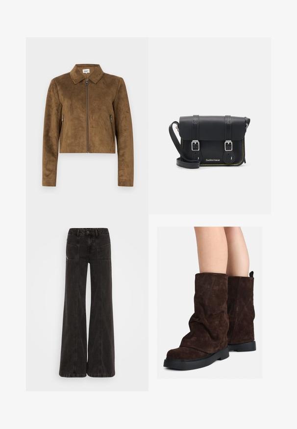 Brūnas zamšādas apgriezts jaka ar apkakles malām, priekšējo rāvējslēdzēju un sānu rāvējslēdzēju kabatām. Gluda tekstūra un piegriezums.; Gai zaļš garo piedurkņu krekls ar pogu aizdari priekšpusē, apkakli, teksturētu audumu un kakla detaļām pie aprocēm. Taisnas apakšmalas dizains.; Melni platajā kājā džinsi, izgatavoti no denim, ar augstu jostasvietu, priekšējām kabatām un tonāliem šuvju dūrieniem.; Brūni zamšādas puszābaki līdz teļiem ar melnām gumijas zālēm uz atklātām kājām, ar vieglu krokām uz zābaku kājām.; Melna ādas crossbody soma ar vāciņu, divām sudraba sprādzēm, dzeltena diega šuvēm un regulējamu siksnu. Iespējas ar gludu faktūru un kompakto dizainu.