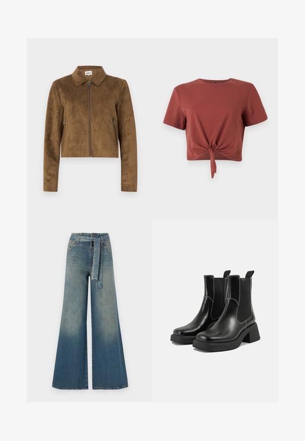 Veste courte en daim marron avec col, fermeture éclair sur le devant et poches zippées sur les côtés. Texture lisse et coupe ajustée.; T-shirt court de couleur rouille en coton doux avec des manches courtes et un détail noué à l'avant. Texture lisse, col rond.; Pantalons en denim à jambe large présentant un dégradé de bleu clair à bleu foncé, taille haute, passants de ceinture et une ceinture en tissu assortie. Finition en denim texturé.; Bottes Chelsea en cuir noir avec un talon épais, des panneaux latéraux élastiques et des coutures blanches contrastantes. Fini texturé.