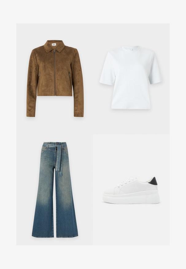 Rjav semiš krajši plašč z ovratnikom, sprednjim zadrgo in stranskimi žepi na zadrgo. Gladka tekstura in krojen fit.; Svetlo modra kratka majica z napolnjenimi rokavi, izdelana iz mehkega bombaža. Ima klasičen okrogli izrez in sproščen kroj, brez vzorcev ali dodatkov.; Široke jeans hlače z gradientom od svetlo do temno modre, visokim pasom, zankami za pas in pasom iz istega materiala. Tekstura denim končnica.; Bele platform tenisice izdelane iz gladkega sintetičnega materiala, z zaobljenim prstom, sistemom vezalk in teksturiranim gumijastim podplatom. Črn dodatek na peti.